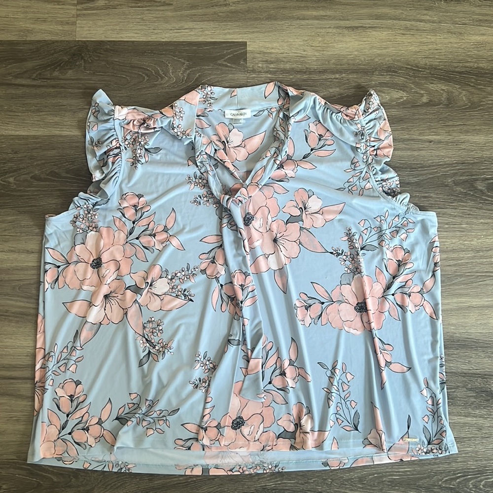 Calvin Klein Floral Print Ruffle Sleeve Top 3XL